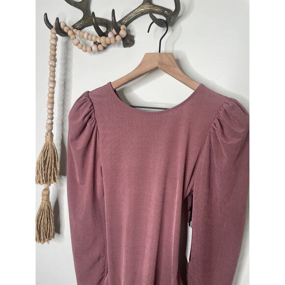 ASTR Tie Back Bodysuit Medium Strappy Cut Out Puff Shoulder Long Sleeve Mauve - Picture 3 of 11